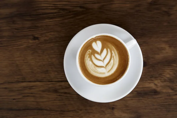 Hot Coffee Latte Cup Wood Table Background Warm Morning Sunlight — Stock Photo, Image