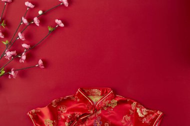 Tasarım Çin yeni yılı 2019 kırmızı backgroung dekorasyon. nimet metin demek mutlu, sağlıklı ve servet ile. Önümüzdeki Çin yeni yılı için en iyi dilek ve iyi şanslar demek. düz lay