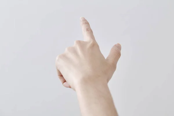 Närbild Kvinnlig Hand Pekar Isolerade Vit Bakgrund Det Finns Ett — Stockfoto