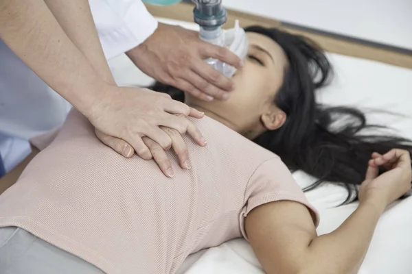 Hands Doctors Giving Cardiac Massage Resuscitation Female Patient Bedroom Concept — Stock Photo, Image