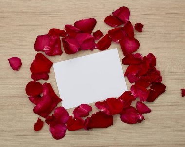 Kırmızı gül yaprakları ve beyaz boş kağıt hediye kartı ahşap arka plan üzerinde. Kavram Doğum günü Sevgililer ya da anneler günü geçmiş