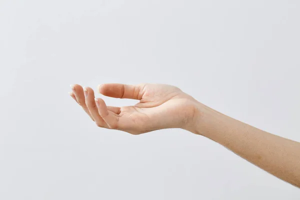 Mão Bela Mulher Isolado Fundo Branco Palma Para Cima Perto — Fotografia de Stock