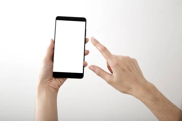 Weibliche Hand Hält Smartphone Attrappe Isoliert Auf Weißem Hintergrund — Stockfoto