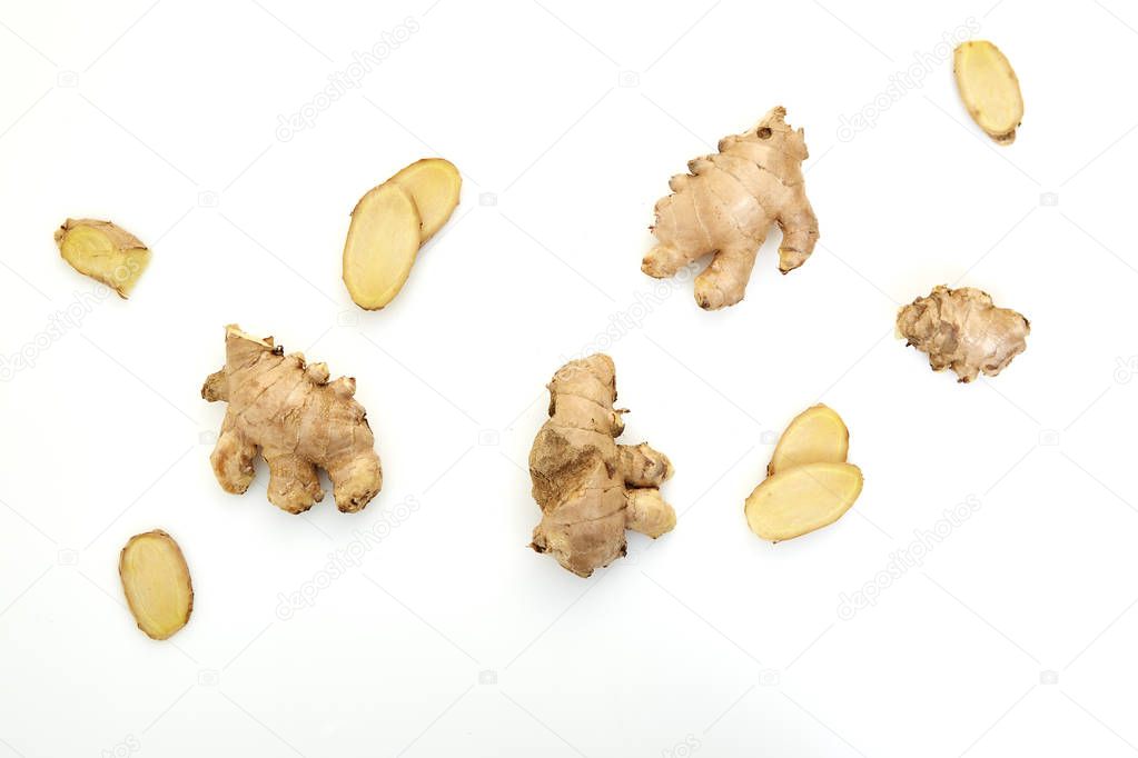 Fresh ginger root spice or rhizome isolated on white background