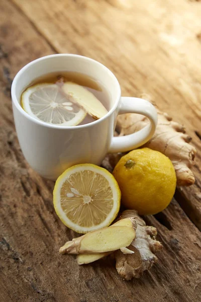 Cup Ginger Tea Lemon Old Wooden Table Photography Food Morning — Stock Photo, Image