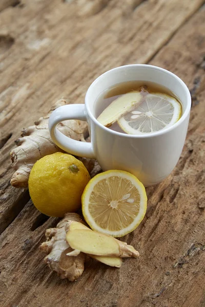 Cup Ginger Tea Lemon Old Wooden Table Photography Food Morning — Stock Photo, Image