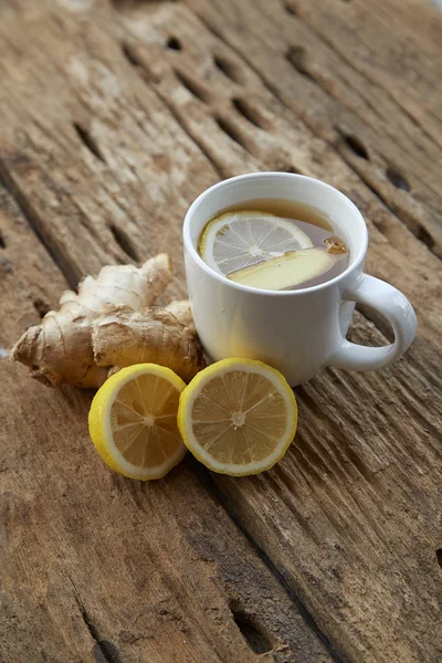 Cup Ginger Tea Lemon Old Wooden Table Photography Food Morning — Stock Photo, Image