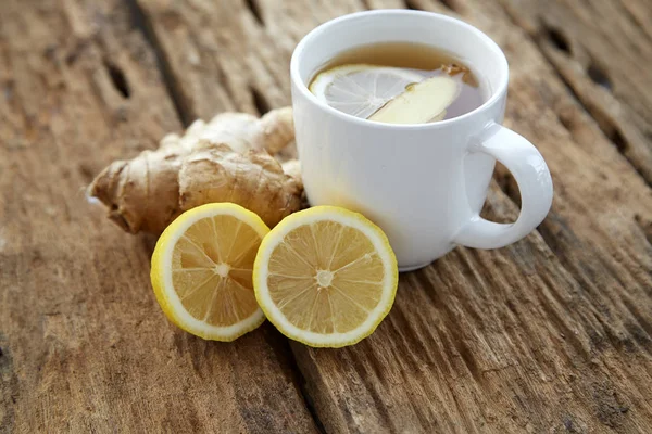 Cup Ginger Tea Lemon Old Wooden Table Photography Food Morning — Stock Photo, Image