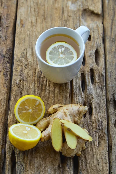 Cup Ginger Tea Lemon Old Wooden Table Photography Food Morning — Stock Photo, Image