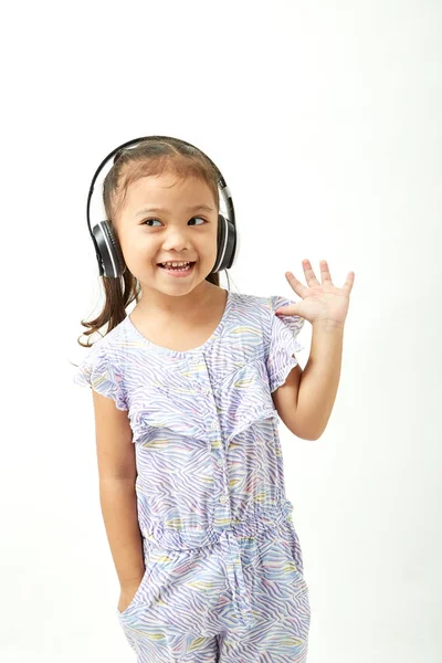 Asian Little Girl Headphones Listening Music Looking Copy Space Area — Stock Photo, Image