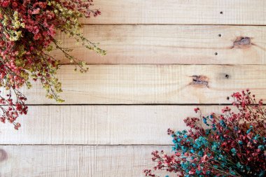 Ahşap rustik arka plan üzerinde Kurutulmuş renkli çiçekler bahar, Metin için Boşluk, havai, düz yatıyordu