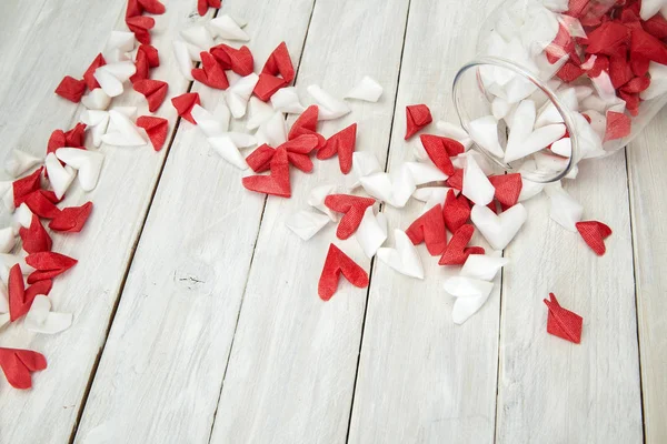 Valentine Day Symbolizing Love Red White Origami Hearts Glass Bottle — Stock Photo, Image