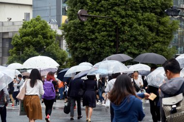 Tokyo Japonya, Eyl 21 ,2018, Tokyo Shibuya sokakta şemsiye tutan insanlar, Japonya. Ünlü scramble yaya geçidi günde 2,5 milyondan fazla kişi tarafından kullanılmaktadır. şehir, Tokyo Japonya'da