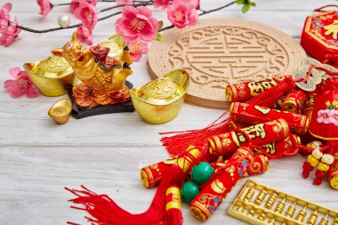 2019 Çin yeni yıl veya beyaz ahşap arka plan üzerinde ay yeni yıl dekorasyon. Metin alanı görüntüleri. karakter 