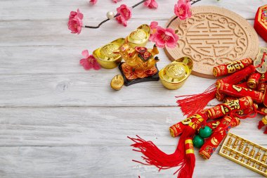 2019 Çin yeni yıl veya beyaz ahşap arka plan üzerinde ay yeni yıl dekorasyon. Metin alanı görüntüleri. karakter 