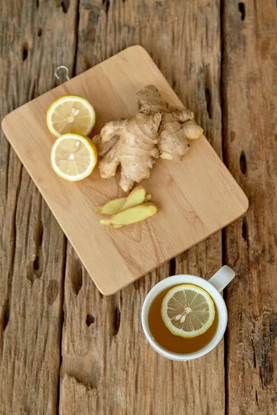 Cup Ginger Tea Lemon Old Wooden Table Photography Food Morning — Stock Photo, Image