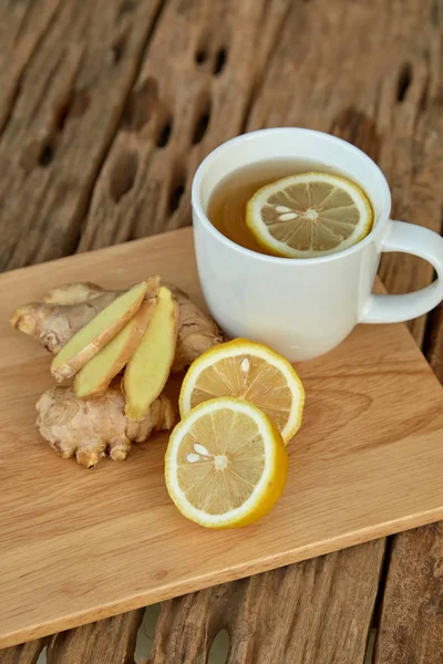 Cup Ginger Tea Lemon Old Wooden Table Photography Food Morning — Stock Photo, Image