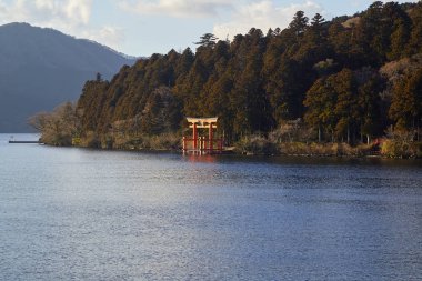 Hakone, Japonya'daki Fuji Dağı yakınlarındaki Ashi Gölü kıyısında ki Kırmızı torii kapısına seyahat edin. Kanagawa, Japonya