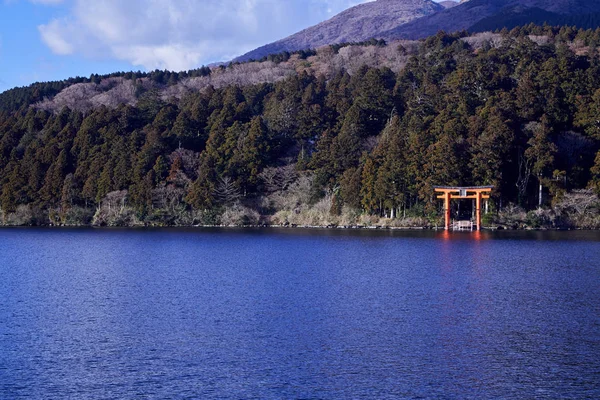 후지산과 아시노코 호수에 커다란 도리이 하코네 신사문 화창한 겨울에 하코네의 — 스톡 사진