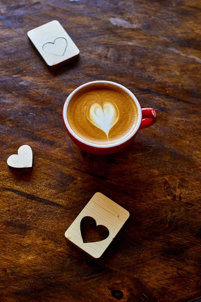 Hearts Coffee Time Wood Background Valentine Day Desk Minimal Style — Stock Photo, Image