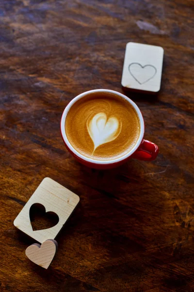 Cuori Caffè Tempo Sfondo Legno Scrivania San Valentino Concetto Stile — Foto Stock