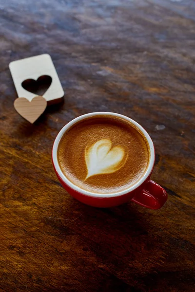 Harten Koffie Tijd Hout Achtergrond Valentine Day Desk Minimale Stijl — Stockfoto