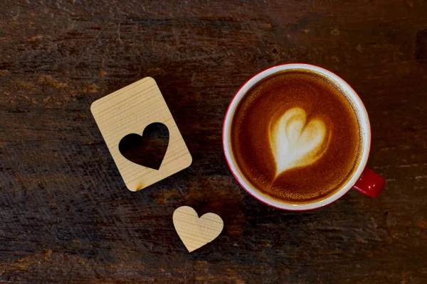 Hearts Coffee Time Wood Background Valentine Day Desk Minimal Style — Stock Photo, Image