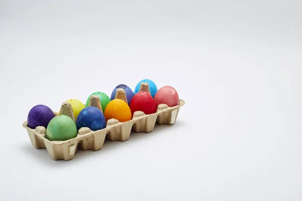 Easter Holiday Background Concept Colorful Easter Eggs Box White Background — Stock Photo, Image
