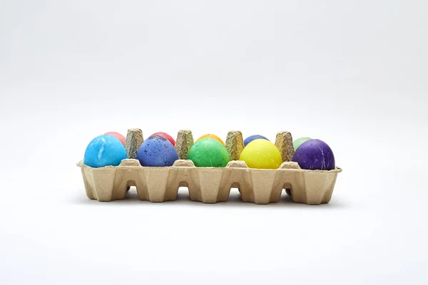 Easter Holiday Background Concept Colorful Easter Eggs Box White Background — Stock Photo, Image