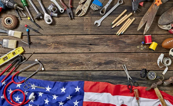 Tools Group Different Job On Rustic Wooden Table