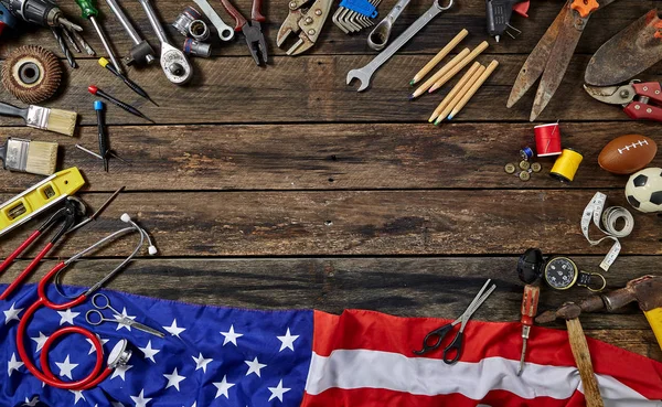 Tools Group Different Job On Rustic Wooden Table