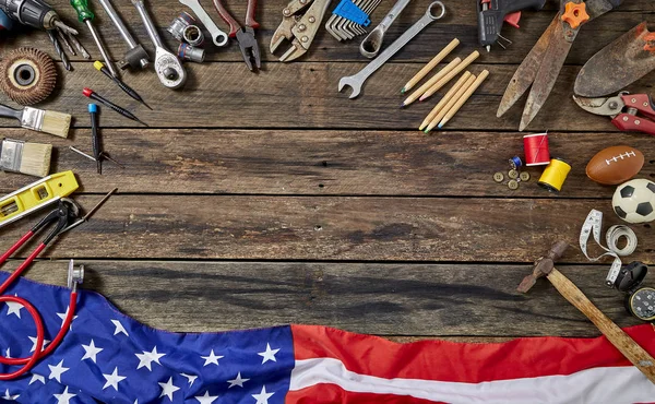 Tools Group Different Job On Rustic Wooden Table