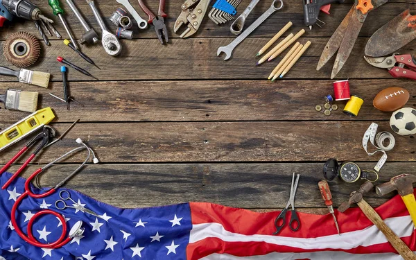 Tools Group Different Job On Rustic Wooden Table