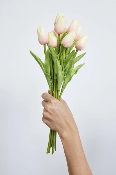 Mano de mujer sosteniendo tulipanes — Foto de Stock