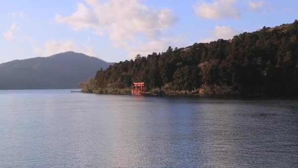 Utsikt Över Mount Fuji Och Hakone Shrine Röda Porten Vid — Stockvideo