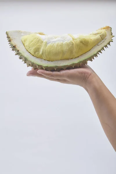 Ręczne trzymanie świeżego cięcia Durian — Zdjęcie stockowe