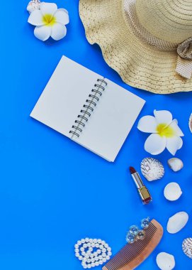 mavi arka plan üzerinde yaz gezgin plaj aksesuarları