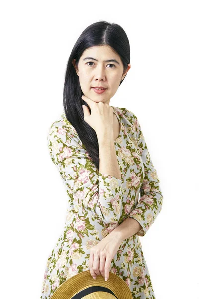 Portret Azjatycka kobieta lato z kapeluszem — Zdjęcie stockowe