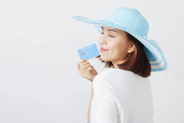 Γυναίκα με καπέλο χειρός κάρτα — Φωτογραφία Αρχείου