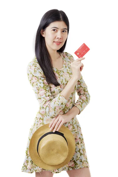 Vrouw in Hat hand houden kaart — Stockfoto