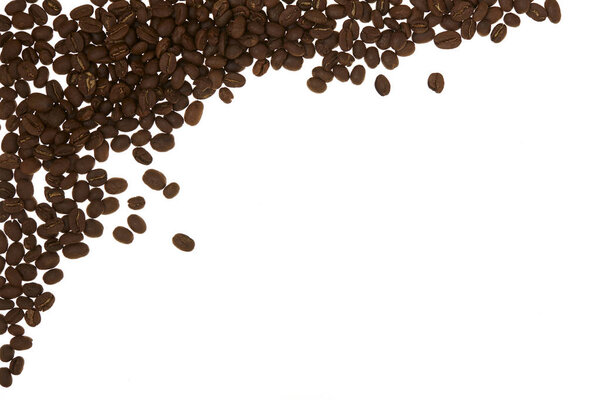 Directly Above Pile of coffee beans on white background, With empty space for text design, minimal concept