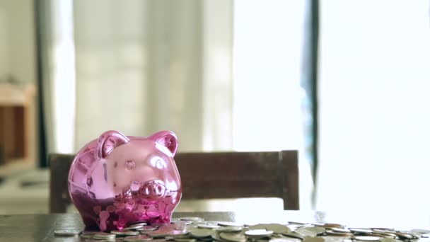 Linda Chica Poniendo Monedas Alcancía Casa — Vídeos de Stock