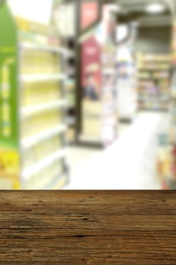 Zemin ahşap masa süpermarket bulanıklık arka plan boş üst
