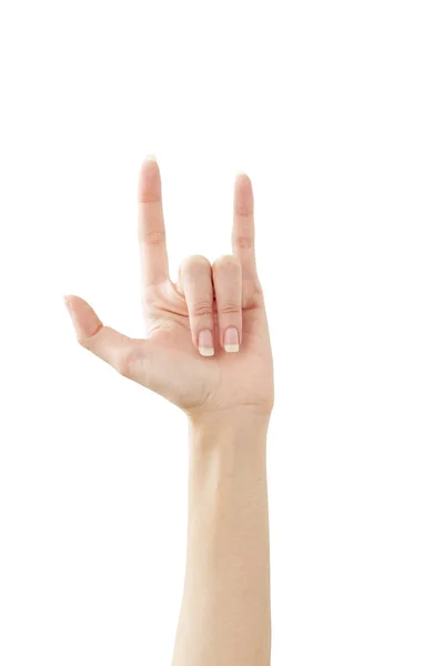 Kvinnelig hånd som viser fred på hvit – stockfoto