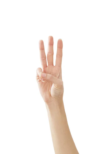 Woman hand showing peace three on white — Stock Photo, Image