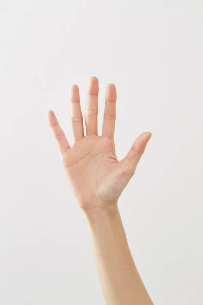 La mano de la mujer firma hola en blanco — Foto de Stock