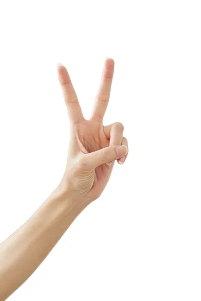 Mujer mano mostrando la paz dos en blanco — Foto de Stock