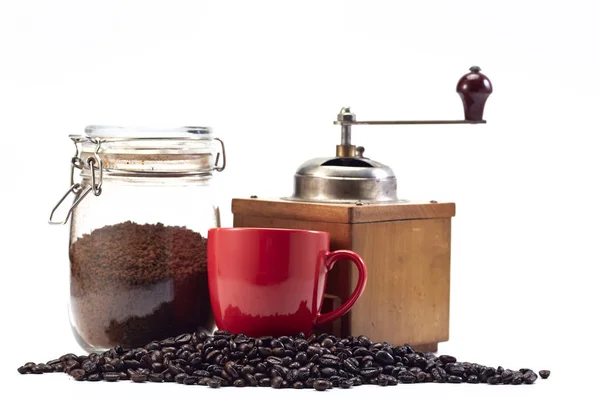 Molinillo de café y taza vacía, grano de café — Foto de Stock