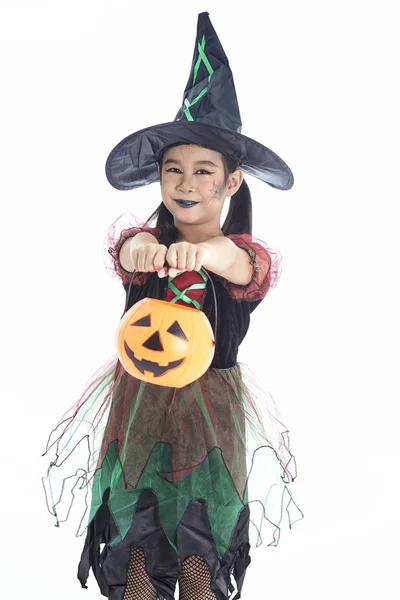 Ázsiai kislány viselt Halloween jelmez — Stock Fotó