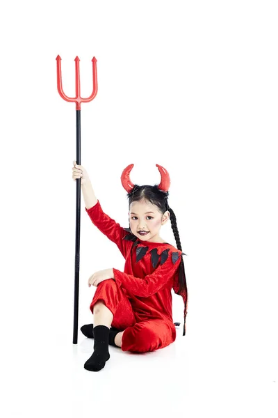 Lány a Halloween díszes ruha ördög — Stock Fotó